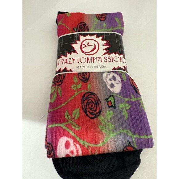 Crazy Compression Socks Womens L XL USA Made Halloween Skull Roses - Picture 1 of 7